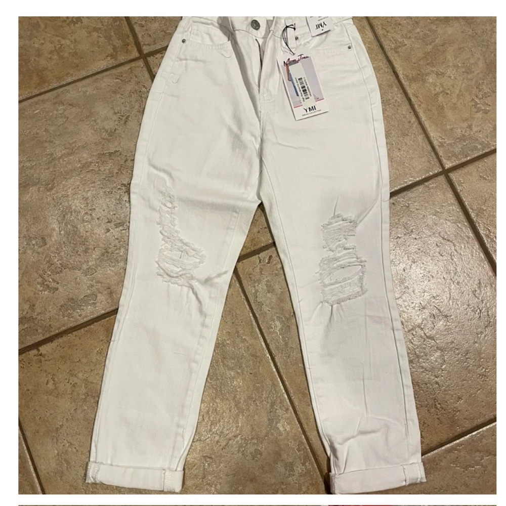 YMI Hybrid denim White Distressed Mom Jeans High Rise Dream Fit Size 3 New